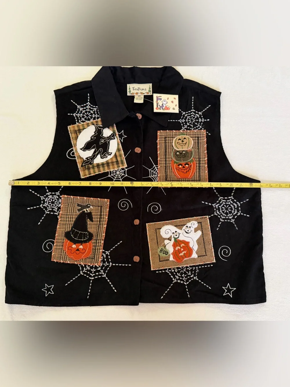 Vintage Black Corduroy Halloween Vest with Embroidered Patchwork Women’s XXL NWT